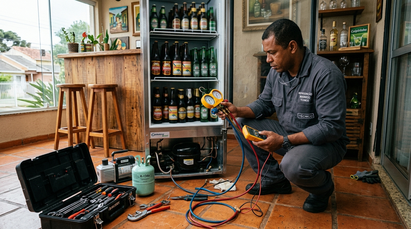 Profissional executando reparo no motor de cervejeira em São Bernardo do Campo‑SP